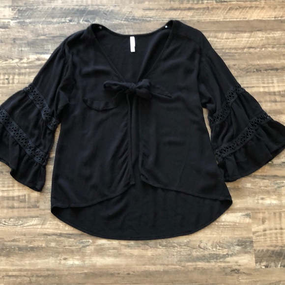 xhilaration black bell sleeve tie front top - Picture 1 of 10